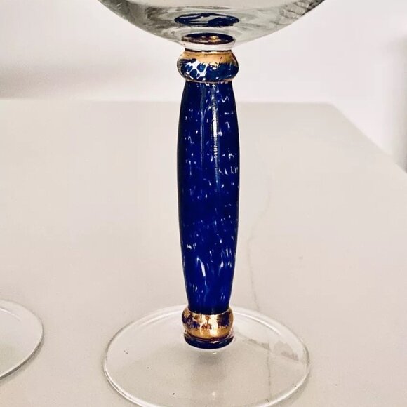 Hand-blown Art Deco Wiine Glasses Blue & Gold Stem clear bowl c. 1930 Vintage - Picture 2 of 5